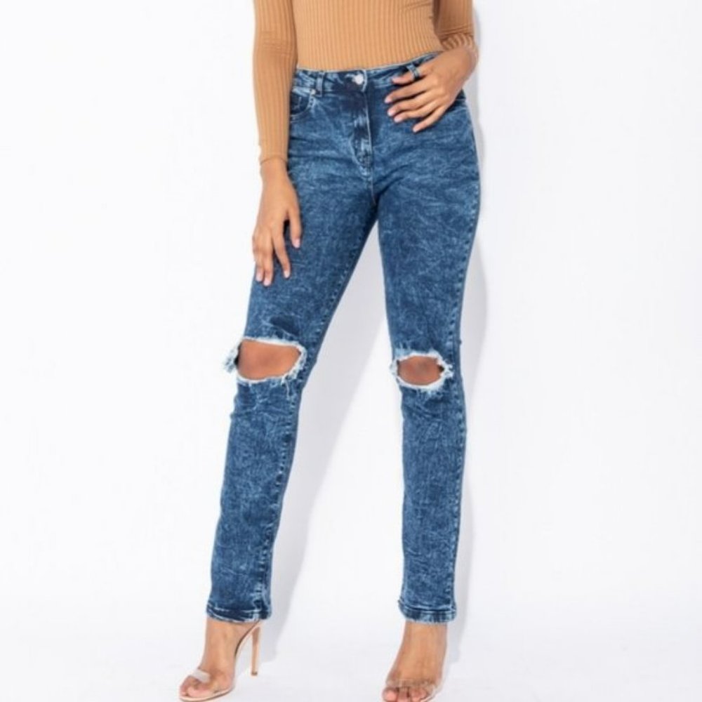 Blue Acid Wash High Waist Ripped Distressed Straight Leg Jeans Denim - Picture 1 of 13